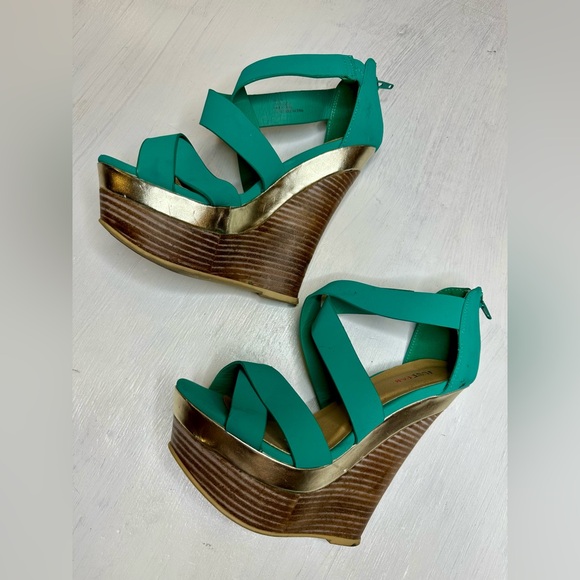 JustFab HollyN Turquoise Wedge Heels Women’s 6.5 Platform Sandals Zip Back - Picture 3 of 12
